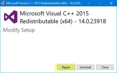 Gói sửa chữa Visual C ++ 2015 Redistributable được cài đặt