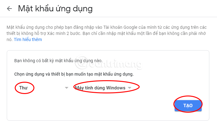 Chọn ứng dụng bạn muốn tạo mật khẩu