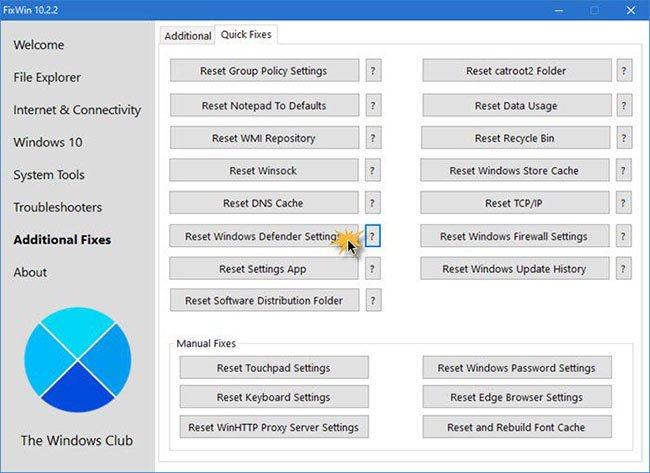 Sử dụng FixWin để đặt lại cài đặt Microsoft Defender về mặc định