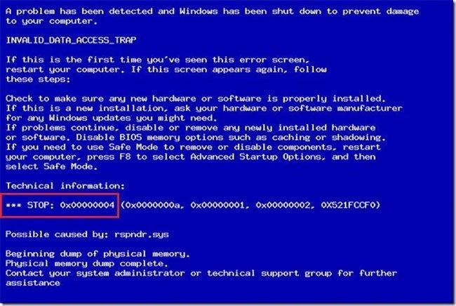 DỪNG lỗi 0x00000004