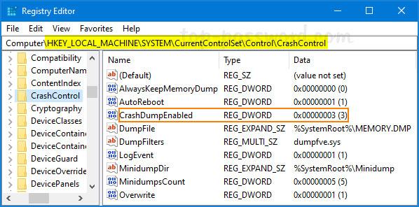 Nhấp đúp vào DWORD 32-Bit CrashDumpEnabled và thay đổi giá trị từ 7 thành 3