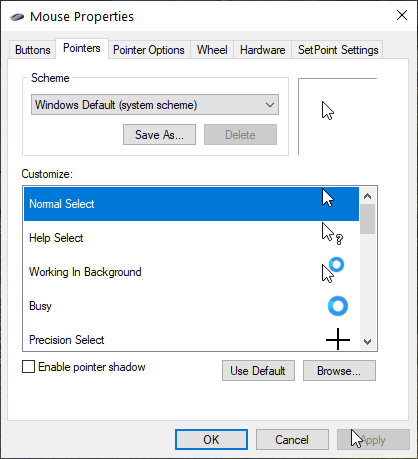 Chọn tùy chọn Windows Standard (System Scheme) để quay lại con trỏ tiêu chuẩn