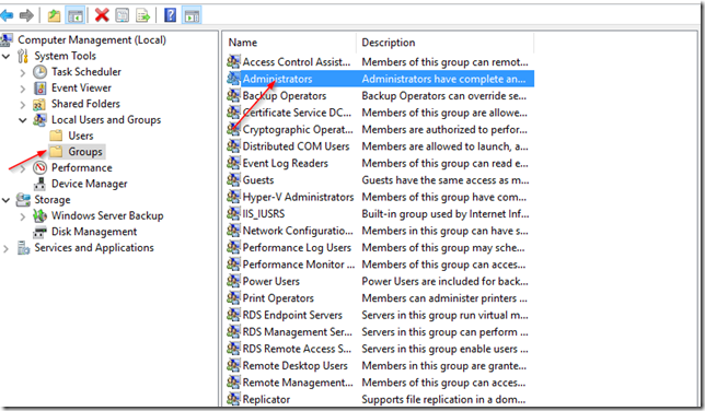 Trong Người dùng cục bộ và Nhóm, bấm vào thư mục Nhóm và bấm đúp vào nhóm Quản trị viên