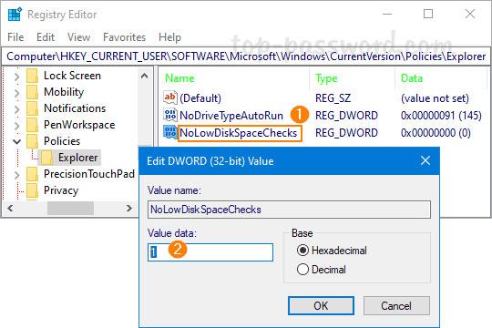 Đặt tên cho giá trị NoLowDiskSpaceChecks, nhập giá trị 1, sau đó bấm OK