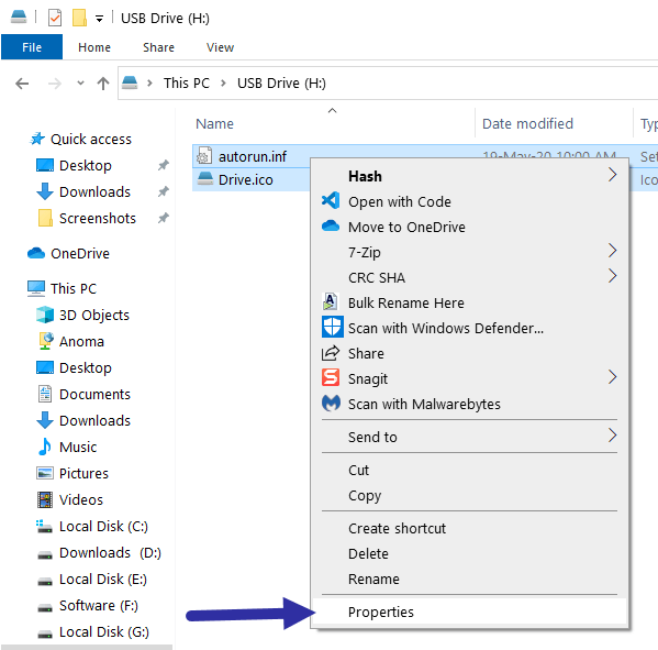 Chọn cả hai tệp Drive.ico và autorun.inf, nhấp chuột phải và chọn Thuộc tính