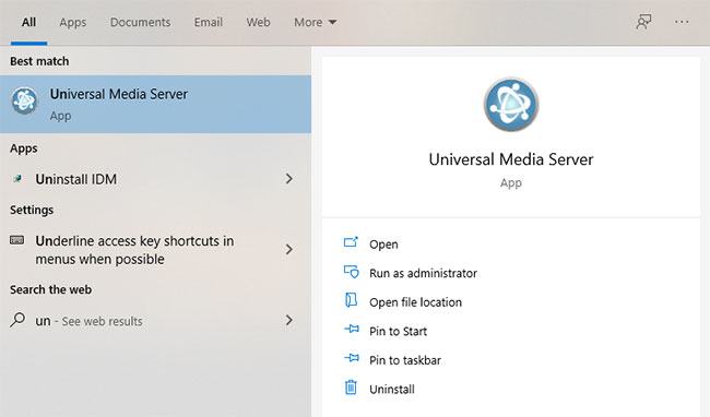 Mở Universal Media Server từ menu Bắt đầu