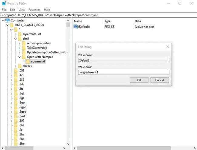 Trong thư mục Khoá Lệnh, bấm đúp vào chuỗi mặc định và nhập notepad.exe% 1 vào hộp Dữ liệu giá trị