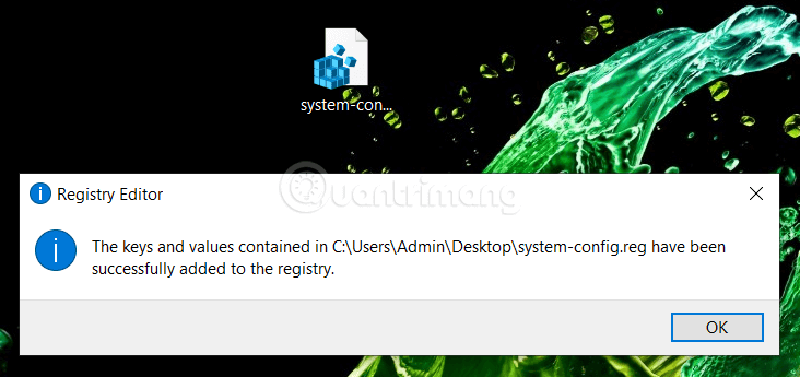 Tệp REG đã được thêm vào sổ đăng ký thành công