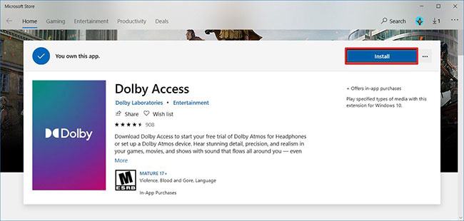 Nhấp vào nút Cài đặt để cài đặt ứng dụng Dolby Access trên Windows 10