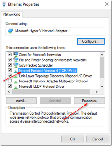 Chọn Giao thức Internet Phiên bản 4 (TCP / IPv4), sau đó nhấp vào Thuộc tính