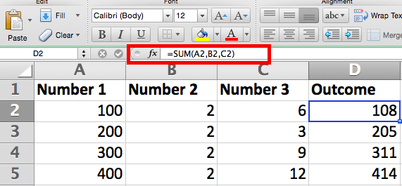 "Kết quả" xem công thức bên dưới: = SUM (A2, B2, C2)