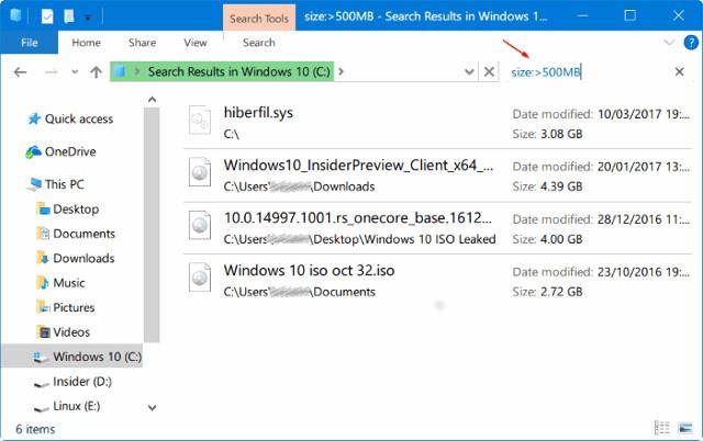 Sử dụng File Explorer để tìm các tệp lớn