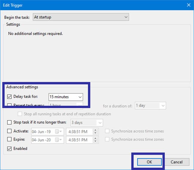 Chọn hộp Delay for và chọn 15 phút từ menu thả xuống