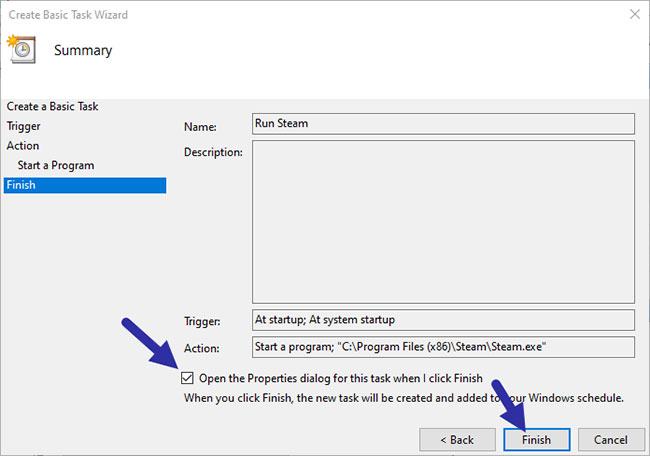 Chọn “Mở hộp thoại Thuộc tính cho tác vụ này khi tôi nhấp vào Kết thúc"