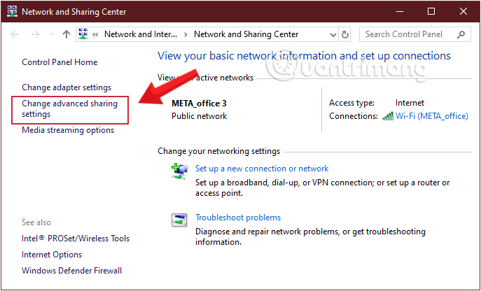 Nhấp vào Thay đổi cài đặt chia sẻ nâng cao