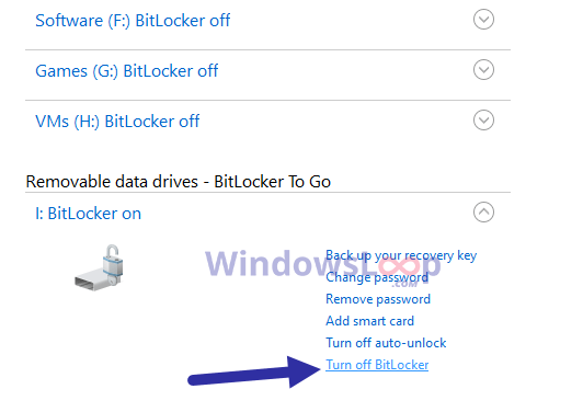 Nhấp vào một tùy chọn "Tắt BitLocker"