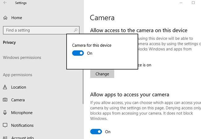 Đặt quyền truy cập máy ảnh cho thiết bị này thành Bật