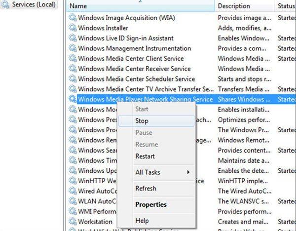 Dừng dịch vụ chia sẻ mạng Windows Media Player