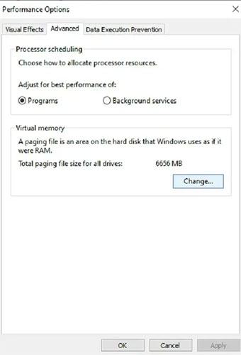 Nhấp vào Thay đổi trong bộ nhớ ảo