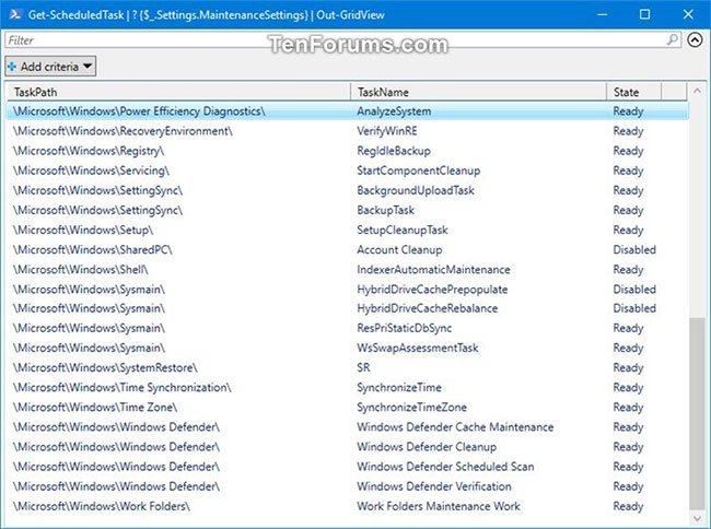 Danh sách chứa TaskPath, TaskName và Status hiện tại trong bộ lập lịch tác vụ