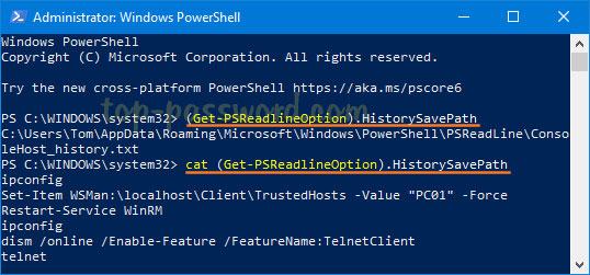 Hiển thị đường dẫn đến tệp nơi lưu trữ lịch sử lệnh PowerShell