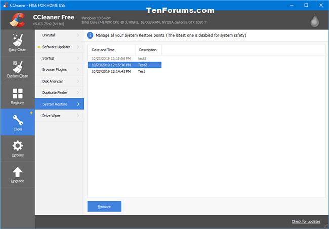 Xóa các điểm khôi phục hệ thống riêng lẻ trong CCleaner