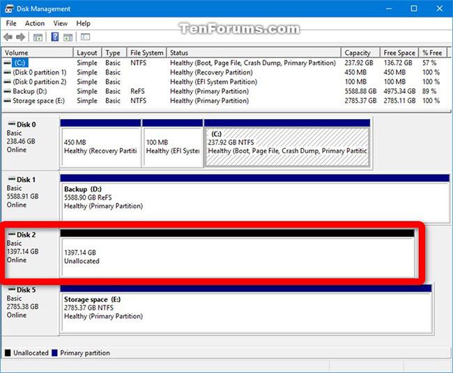 Ổ đĩa đã xóa sẽ xuất hiện trong Disk Management dưới dạng ổ đĩa chưa được phân bổ