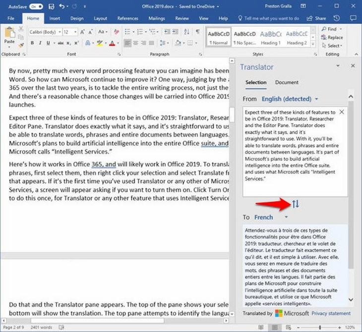 Sử dụng tính năng dịch nhanh trong Microsoft Word 2019