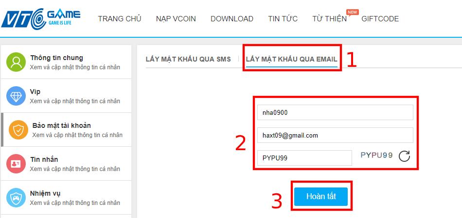Nhập thông tin tên tài khoản + địa chỉ email đã đăng ký tài khoản và nhấn Hoàn tất