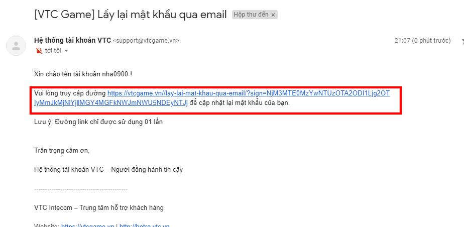 Nhấp vào liên kết xác minh do hệ thống VTC ID trả về.
