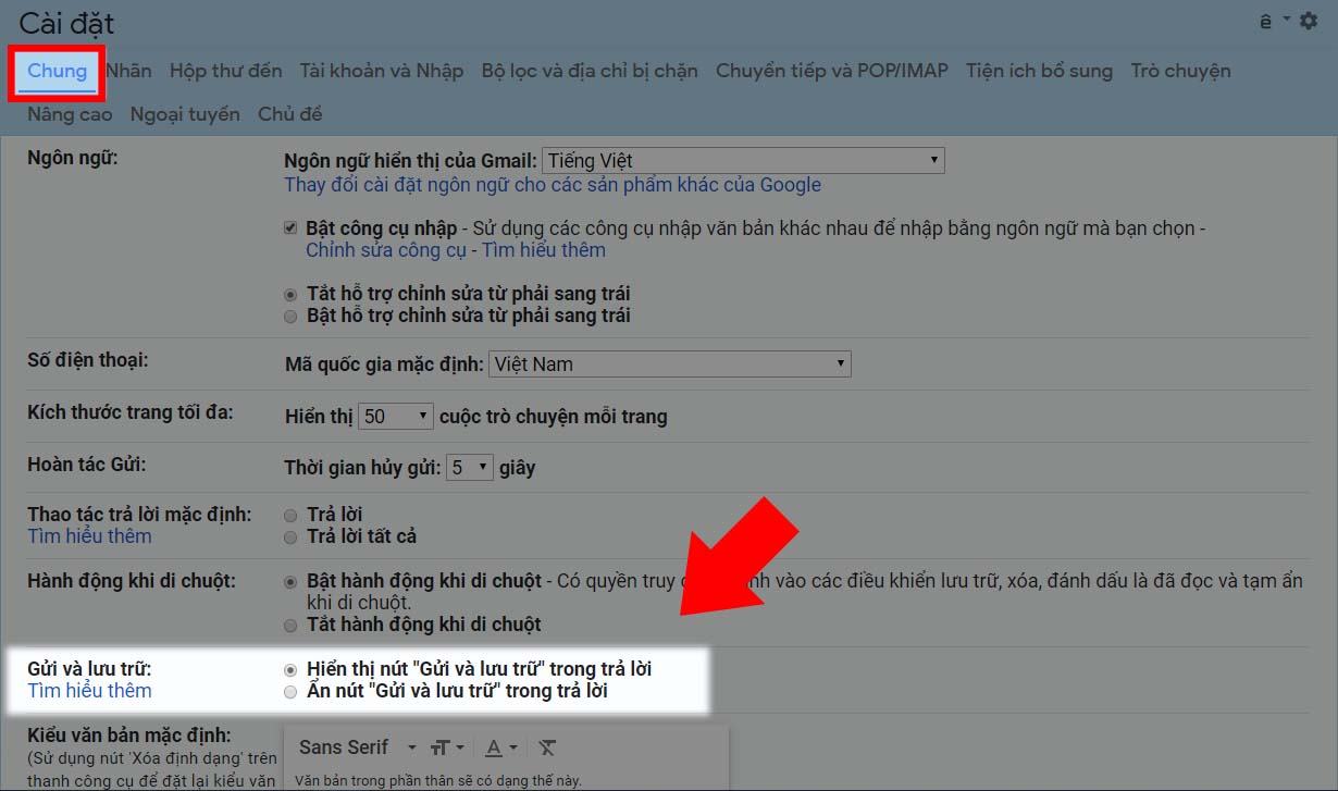 Trong Gửi và Lưu trữ, hãy chọn nút Hiển thị Gửi và Lưu trữ