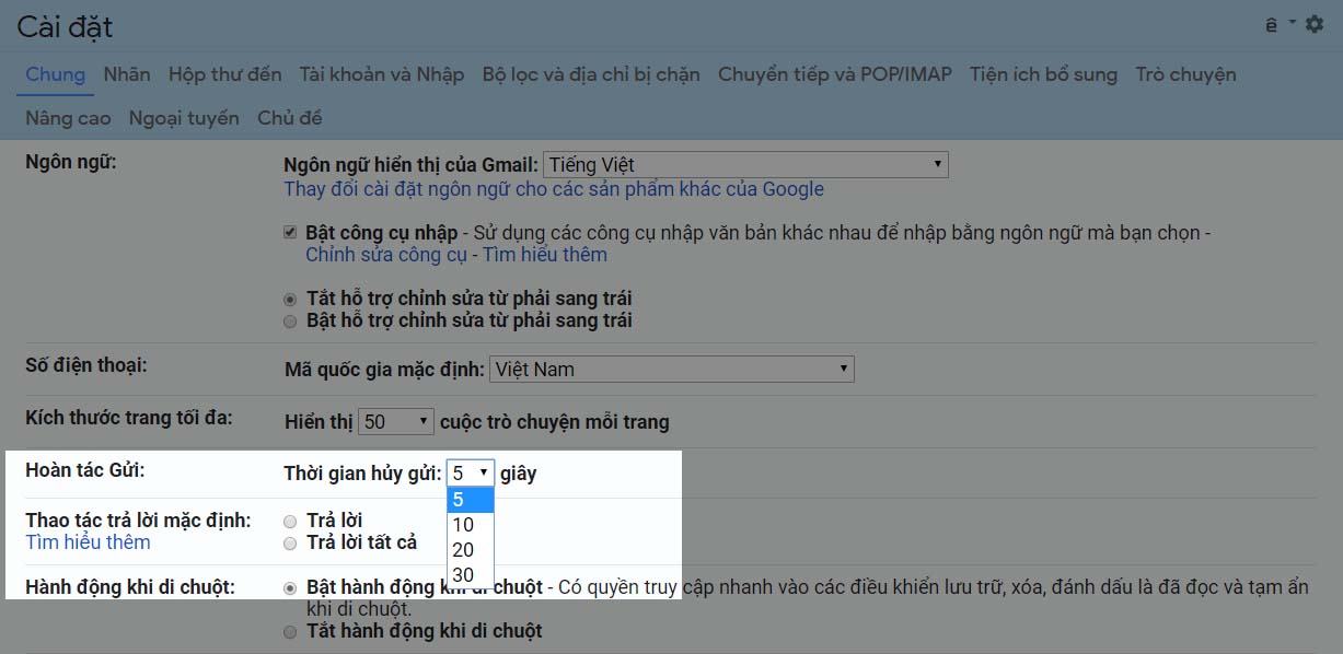 Đặt hoàn tác gửi thành 30 giây