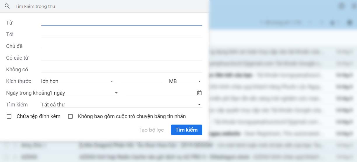 Tìm kiếm các bộ lọc như ngày / tháng, kích thích tệp, dòng tiêu đề, từ khóa trong email, ...