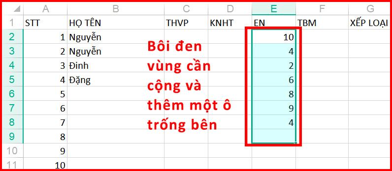 Đánh dấu phạm vi bạn muốn thêm và thêm một ô trống bên dưới