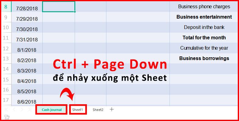 Nhấn Ctrl + Page Down để di chuyển xuống một trang tính