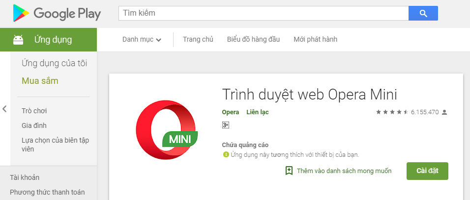 Ứng dụng Opera Mini trên Google Play