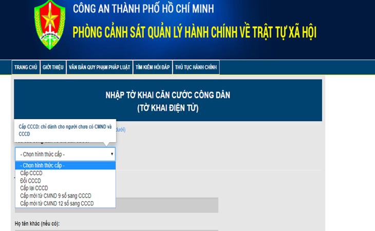 Chọn hình thức căn cước công dân