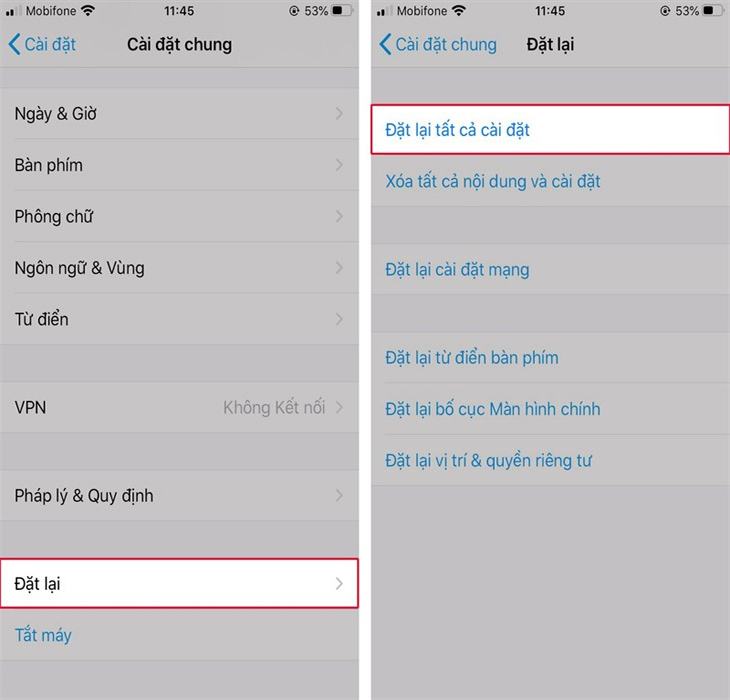 Đặt lại tất cả cài đặt gốc