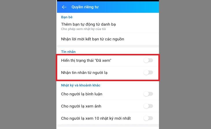Bước 2: Bỏ chọn Nhận tin nhắn từ người lạ và hiển thị thanh trạng thái 