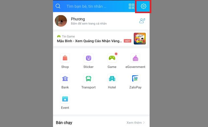 Bước 1: Mở ứng dụng Zalo và từ giao diện chính chọn biểu tượng Cài đặt ở góc phải.