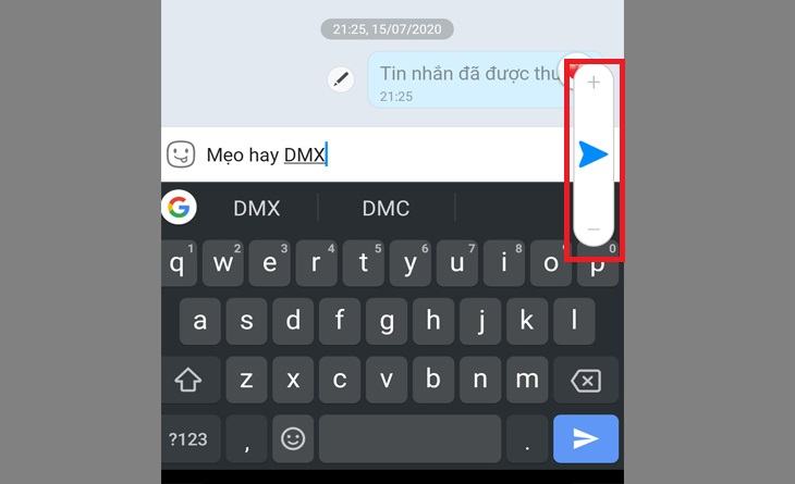 Bước 3: Nhấn và giữ biểu tượng Gửi.  Lúc này, một thanh sẽ xuất hiện để tăng hoặc giảm kích thước văn bản