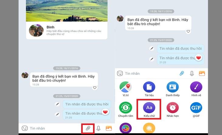 Bước 2: Chọn biểu tượng Đính kèm ở góc dưới bên phải và tiếp tục chọn Phông chữ.