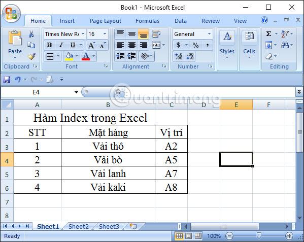 Hàm chỉ mục trong Excel