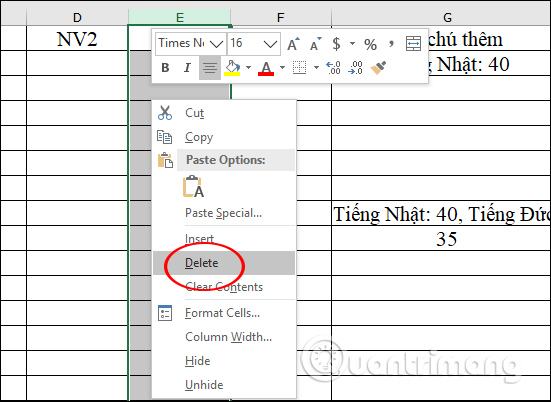 Xóa cột Excel 