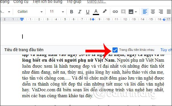 Tiêu đề khác với trang đầu tiên 