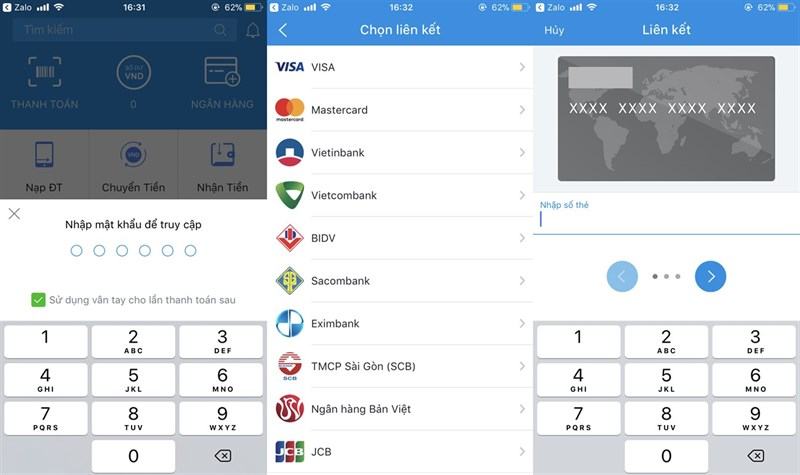 Chọn một ngân hàng từ danh sách và nhập số thẻ và thông tin liên quan.