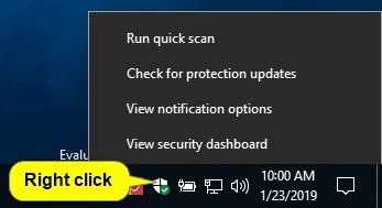 Nhấp chuột phải vào biểu tượng bảo mật Windows