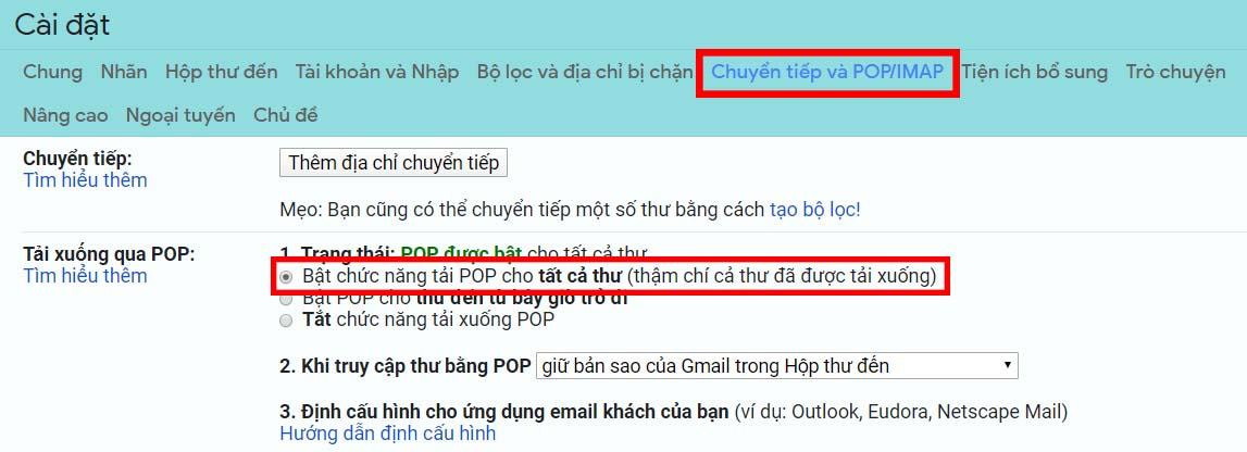 Chọn Bật Tải xuống POP cho tất cả các thư trong Tải xuống POP