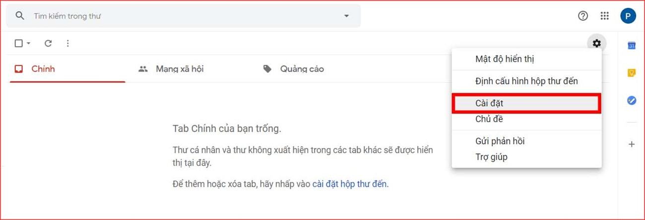 Truy cập tài khoản Gmail mới của bạn và nhấp vào Cài đặt.