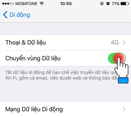 Tiếp theo, bật chuyển vùng dữ liệu và thử kết nối lại với 3G.